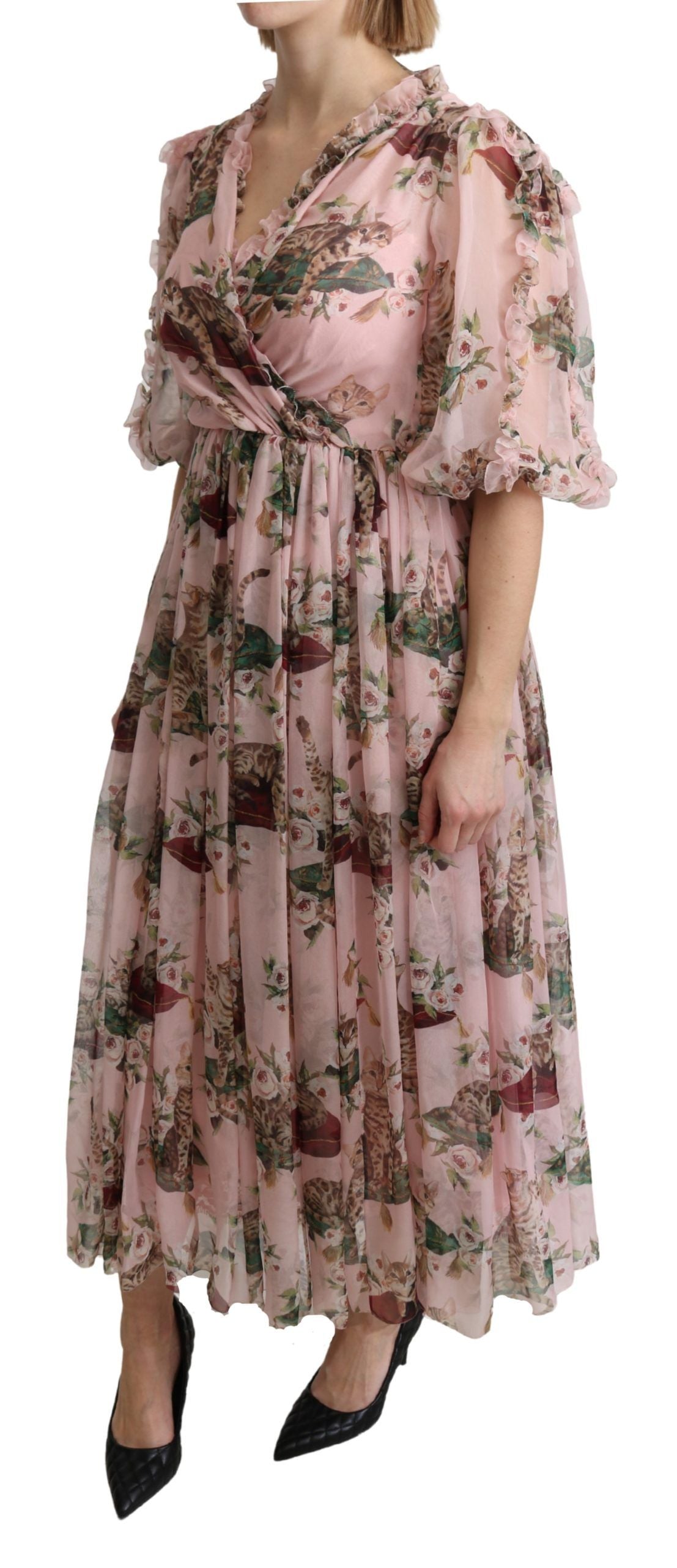 Robe longue trapèze en soie imprimé chat du Bengale rose Dolce & Gabbana