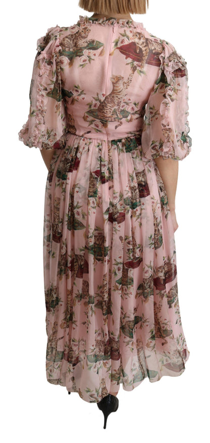 Robe longue trapèze en soie imprimé chat du Bengale rose Dolce & Gabbana