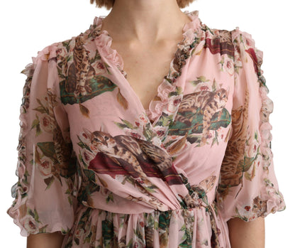 Robe longue trapèze en soie imprimé chat du Bengale rose Dolce & Gabbana