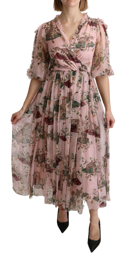 Robe longue trapèze en soie imprimé chat du Bengale rose Dolce & Gabbana