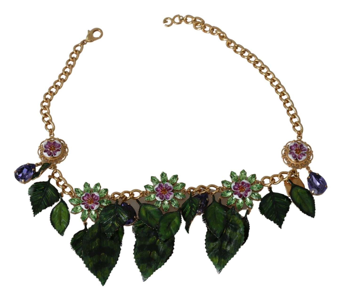 Collier pendentif fleur en cristal en laiton doré à feuilles vertes Dolce & Gabbana