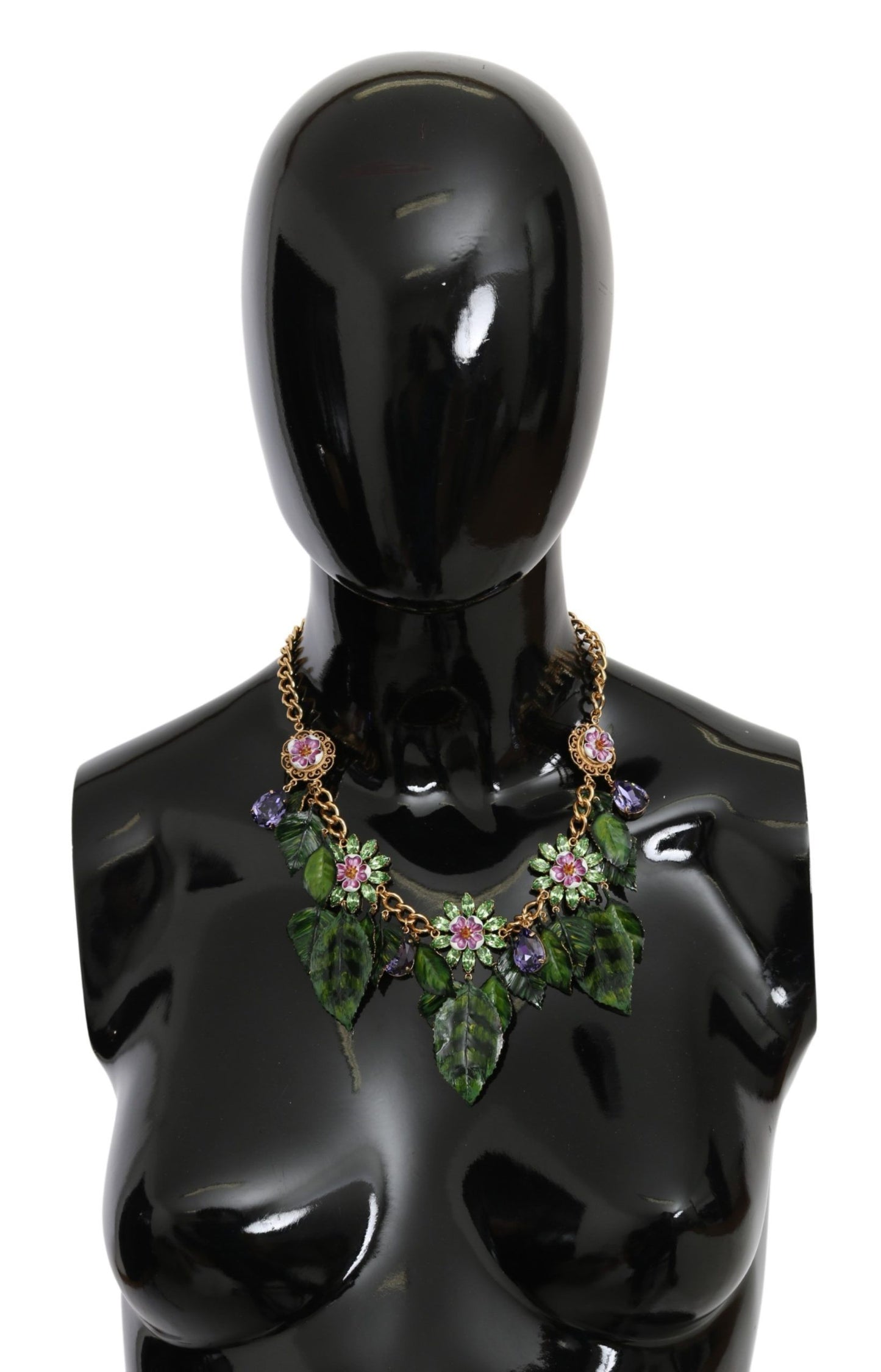 Collier pendentif fleur en cristal en laiton doré à feuilles vertes Dolce & Gabbana