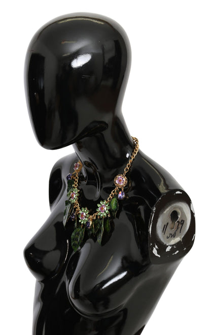 Collier pendentif fleur en cristal en laiton doré à feuilles vertes Dolce & Gabbana