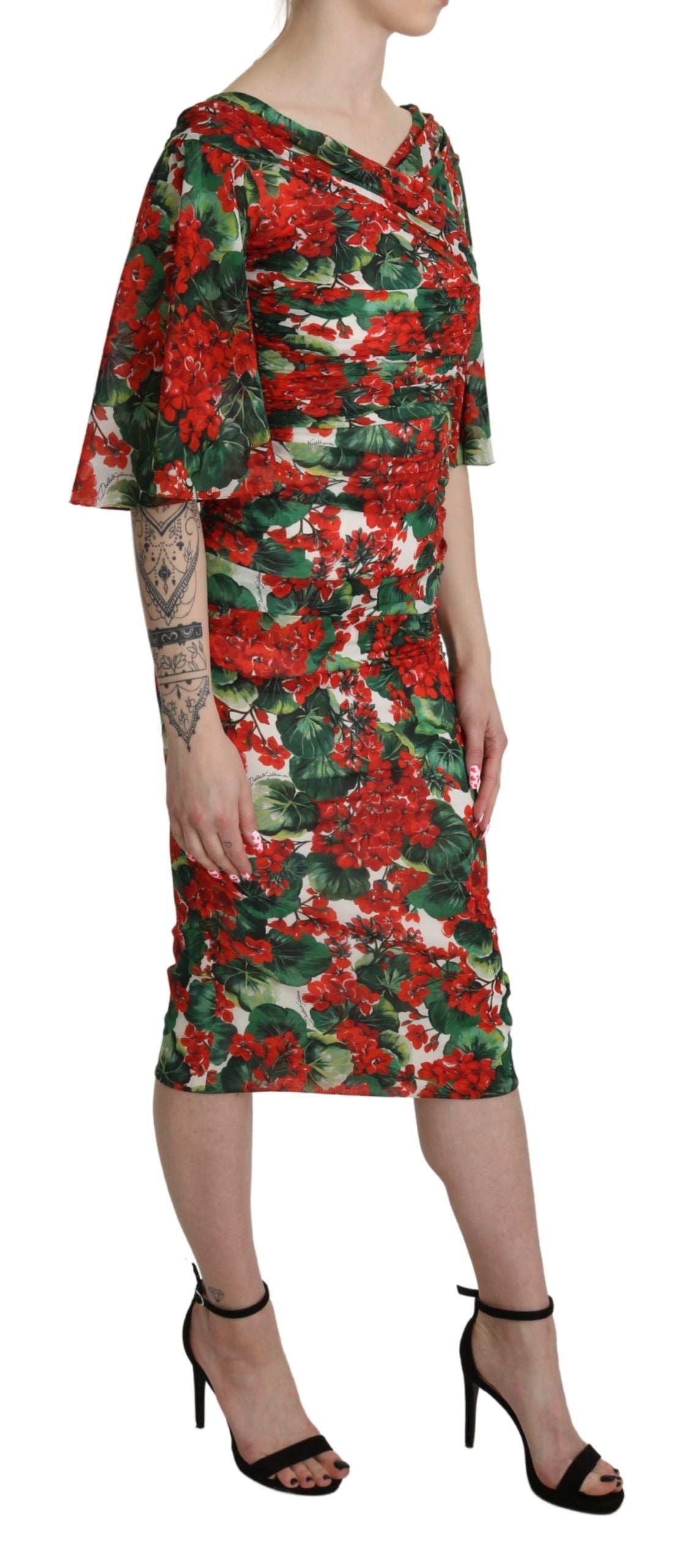 Robe fourreau Dolce & Gabbana rouge florale mi-longue en soie stretch