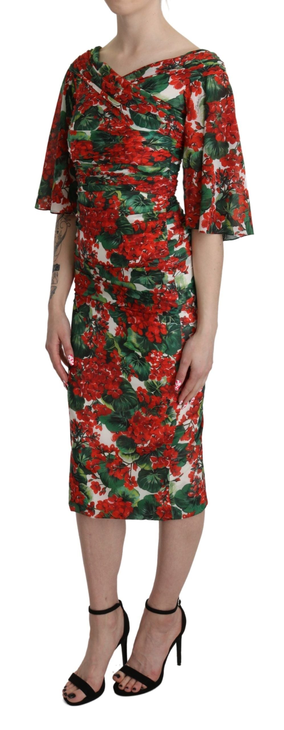 Robe fourreau Dolce & Gabbana rouge florale mi-longue en soie stretch
