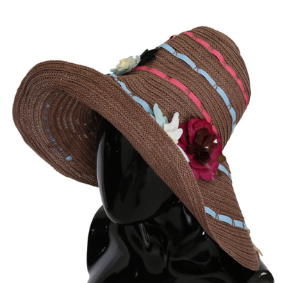 Chapeau de paille souple à large bord floral marron Dolce & Gabbana