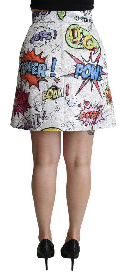 Jupe taille haute évasée Dolce & Gabbana en brocart de coton blanc imprimé motifs de bande dessinée