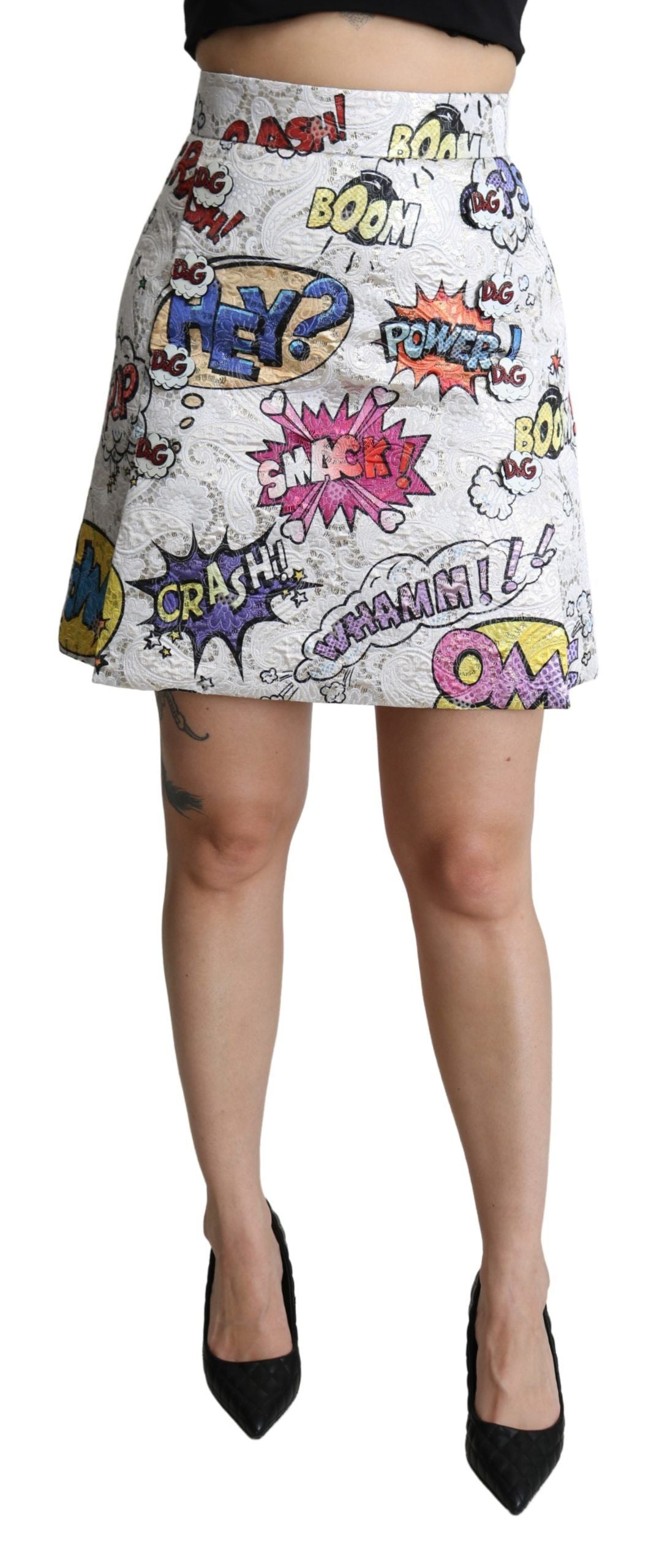 Jupe taille haute évasée Dolce & Gabbana en brocart de coton blanc imprimé motifs de bande dessinée