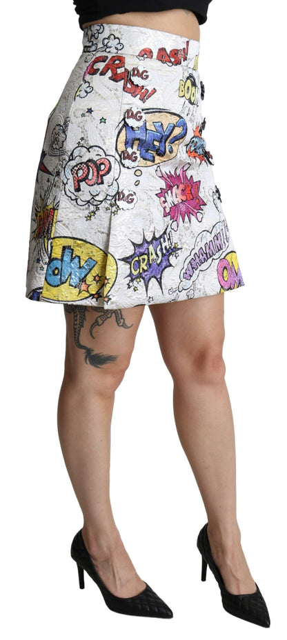 Jupe taille haute évasée Dolce & Gabbana en brocart de coton blanc imprimé motifs de bande dessinée