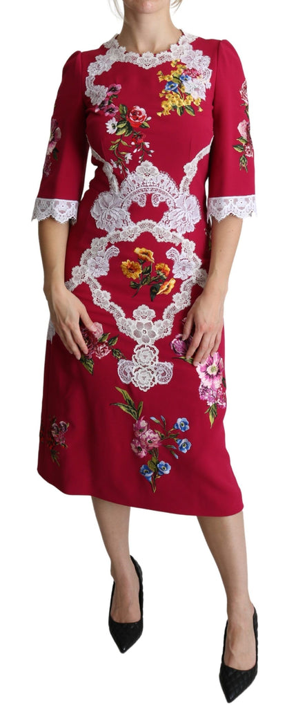 Robe fourreau midi Dolce & Gabbana rouge brodée de fleurs