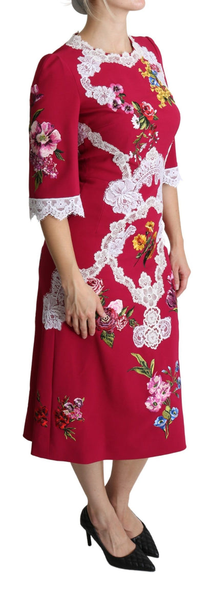 Robe fourreau midi Dolce & Gabbana rouge brodée de fleurs