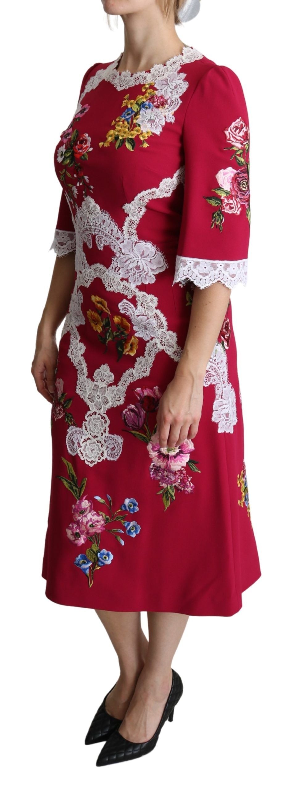 Robe fourreau midi Dolce & Gabbana rouge brodée de fleurs
