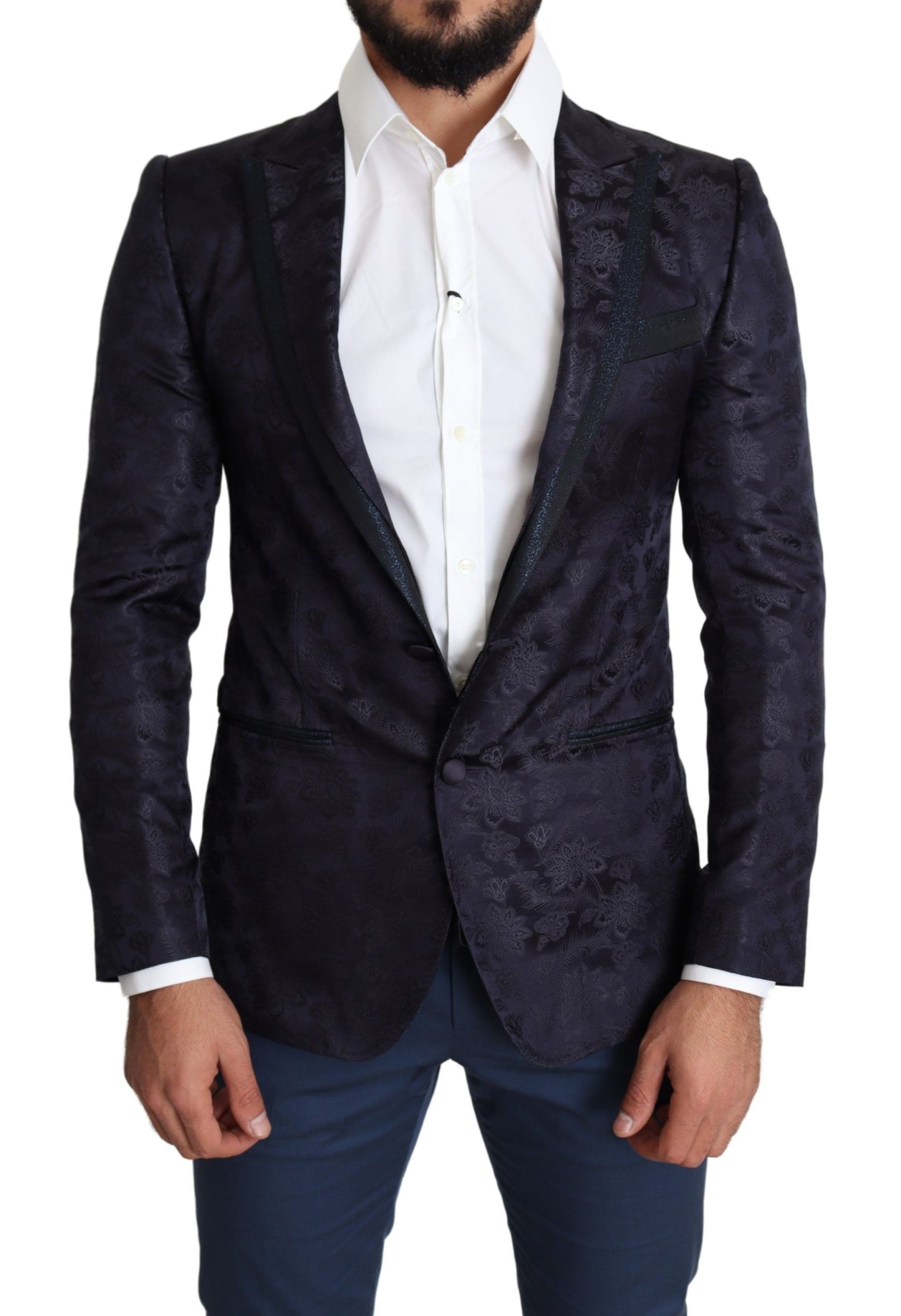 Manteau en soie jacquard floral bleu Dolce & Gabbana Blazer MARTINI