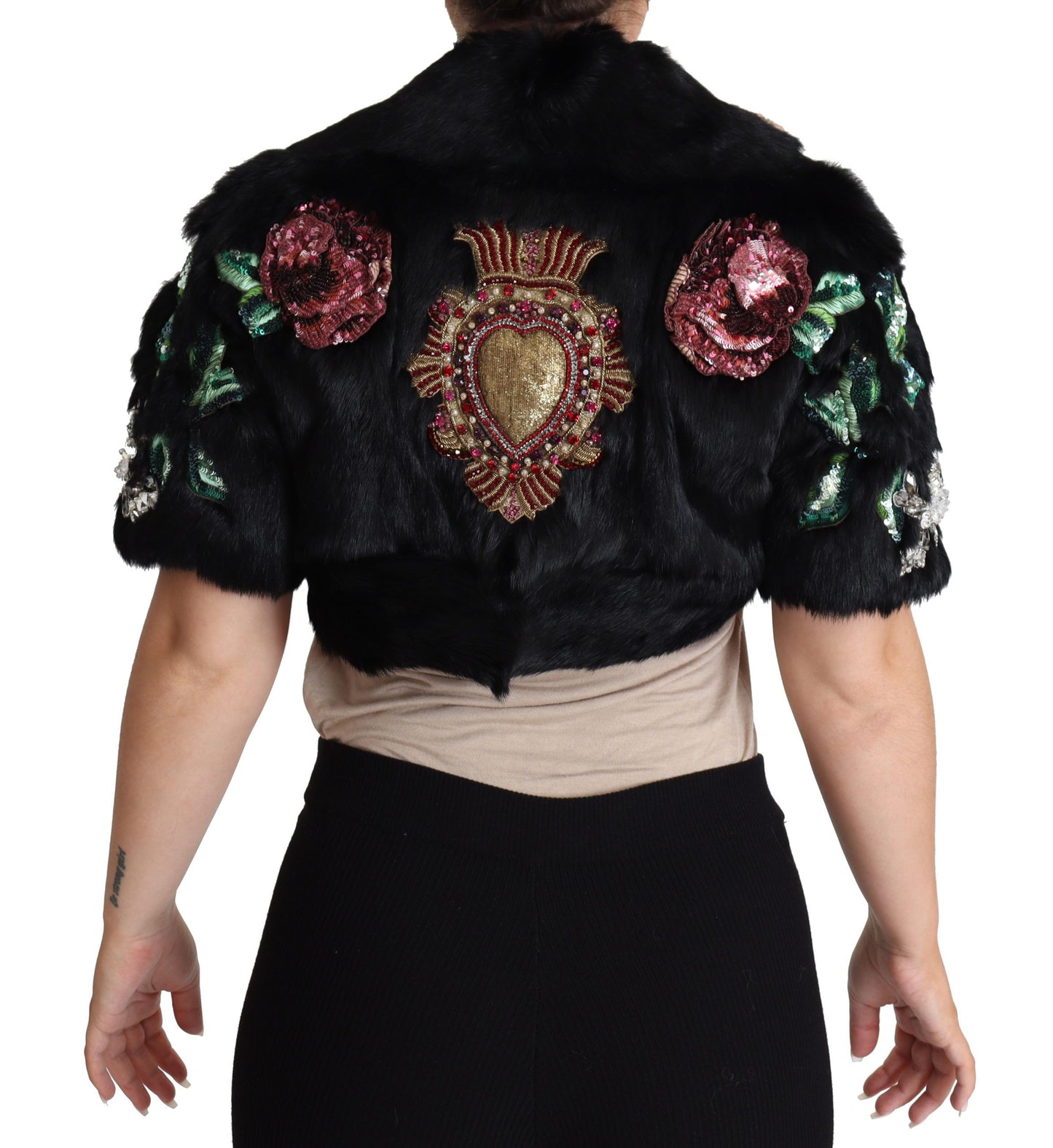 Manteau Dolce & Gabbana en fourrure de lapin noire, cristaux et sequins