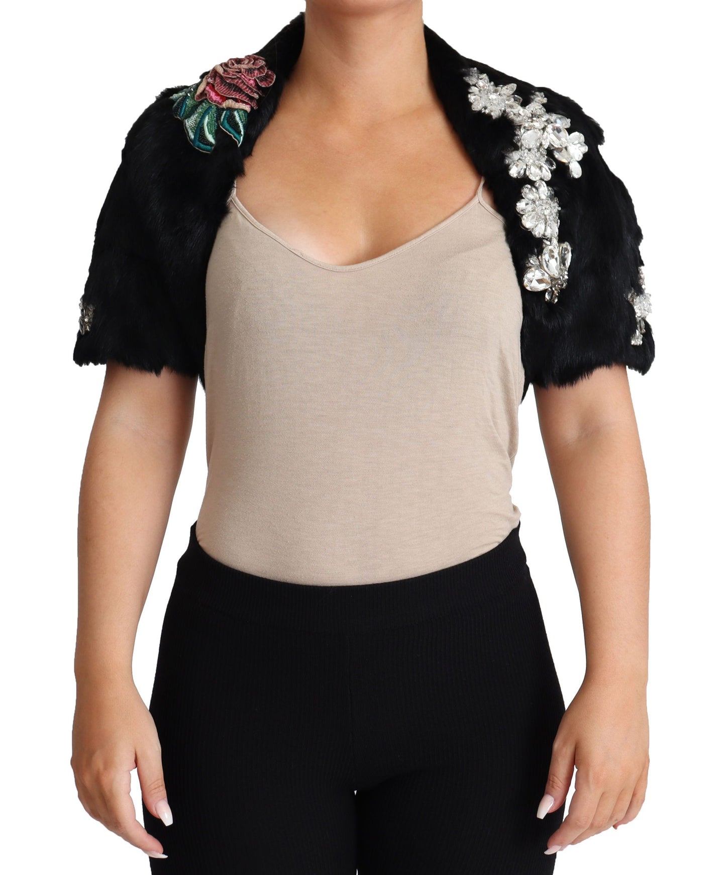 Manteau Dolce & Gabbana en fourrure de lapin noire, cristaux et sequins