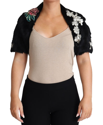 Manteau Dolce & Gabbana en fourrure de lapin noire, cristaux et sequins