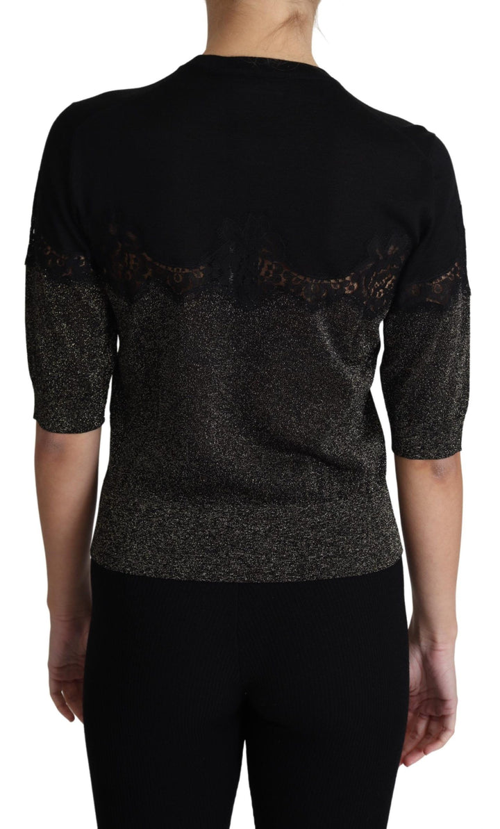 Top jersey Dolce & Gabbana negro brillante con inserciones de encaje de lúrex