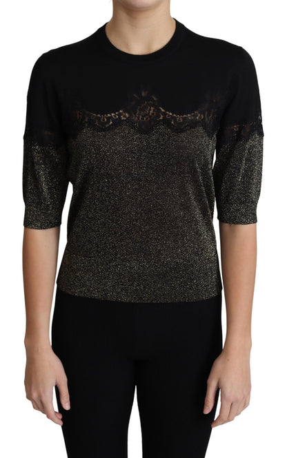 Haut Dolce & Gabbana en Lurex Brillant Noir avec Empiècements en Dentelle