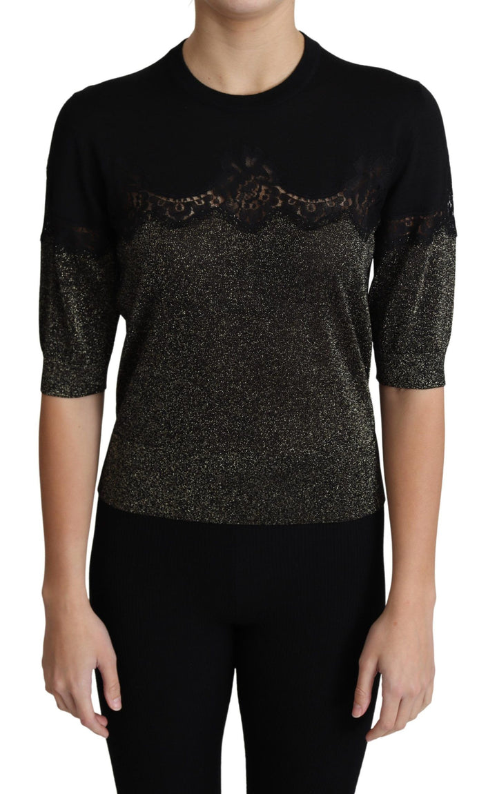 Top jersey Dolce & Gabbana negro brillante con inserciones de encaje de lúrex