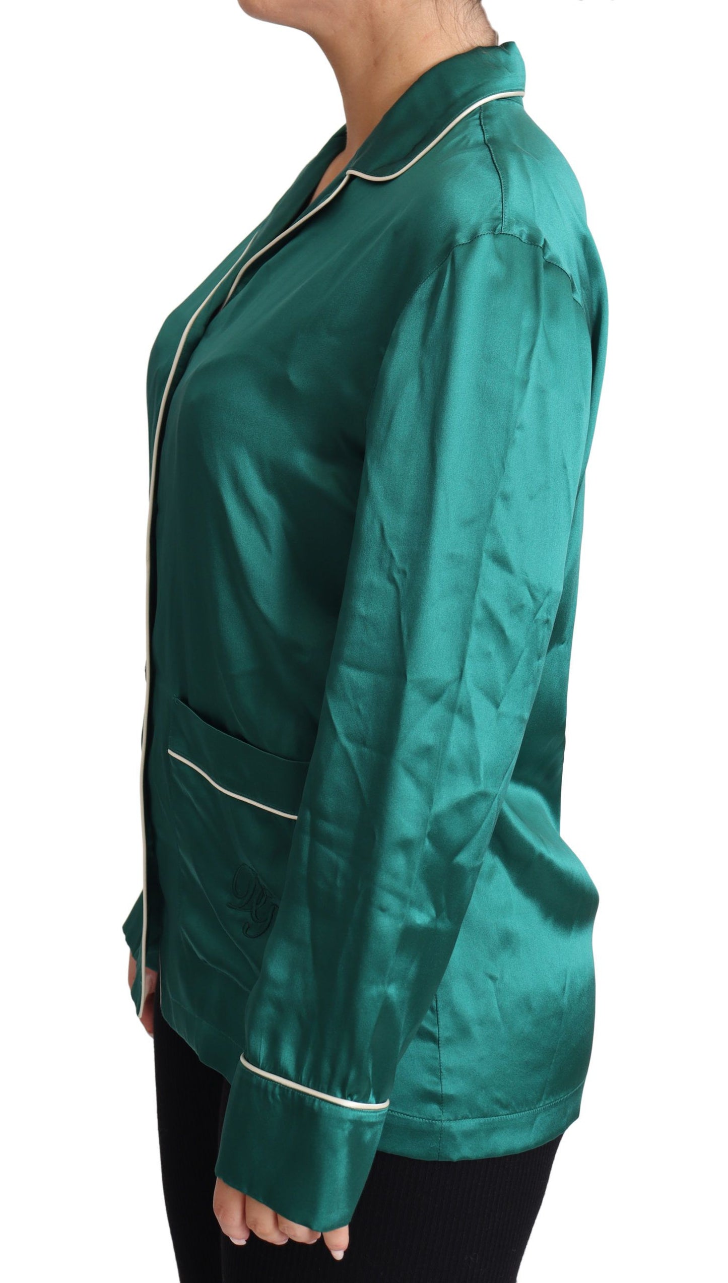 Chemisier de pyjama Dolce & Gabbana vert, en soie, haut de vêtement de nuit.