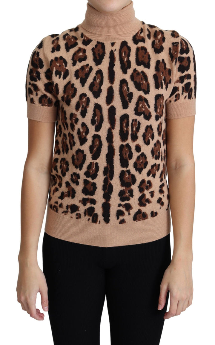 Haut col roulé en laine vierge imprimé léopard beige Dolce & Gabbana