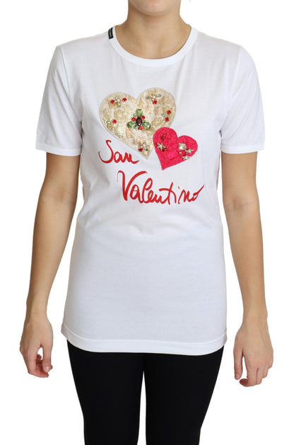 Haut t-shirt Dolce & Gabbana blanc San Valentino avec cœurs en cristaux