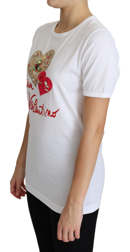 Haut t-shirt Dolce & Gabbana blanc San Valentino avec cœurs en cristaux
