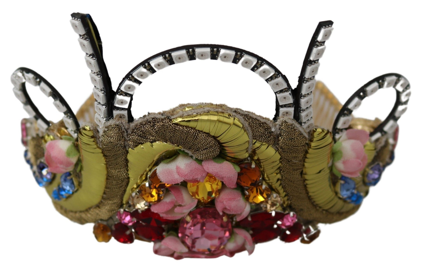 Serre-tête Couronne Diadème Dolce & Gabbana en Laiton Doré avec Cristaux Floraux et Lumières LED