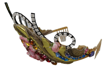 Serre-tête Couronne Diadème Dolce & Gabbana en Laiton Doré avec Cristaux Floraux et Lumières LED