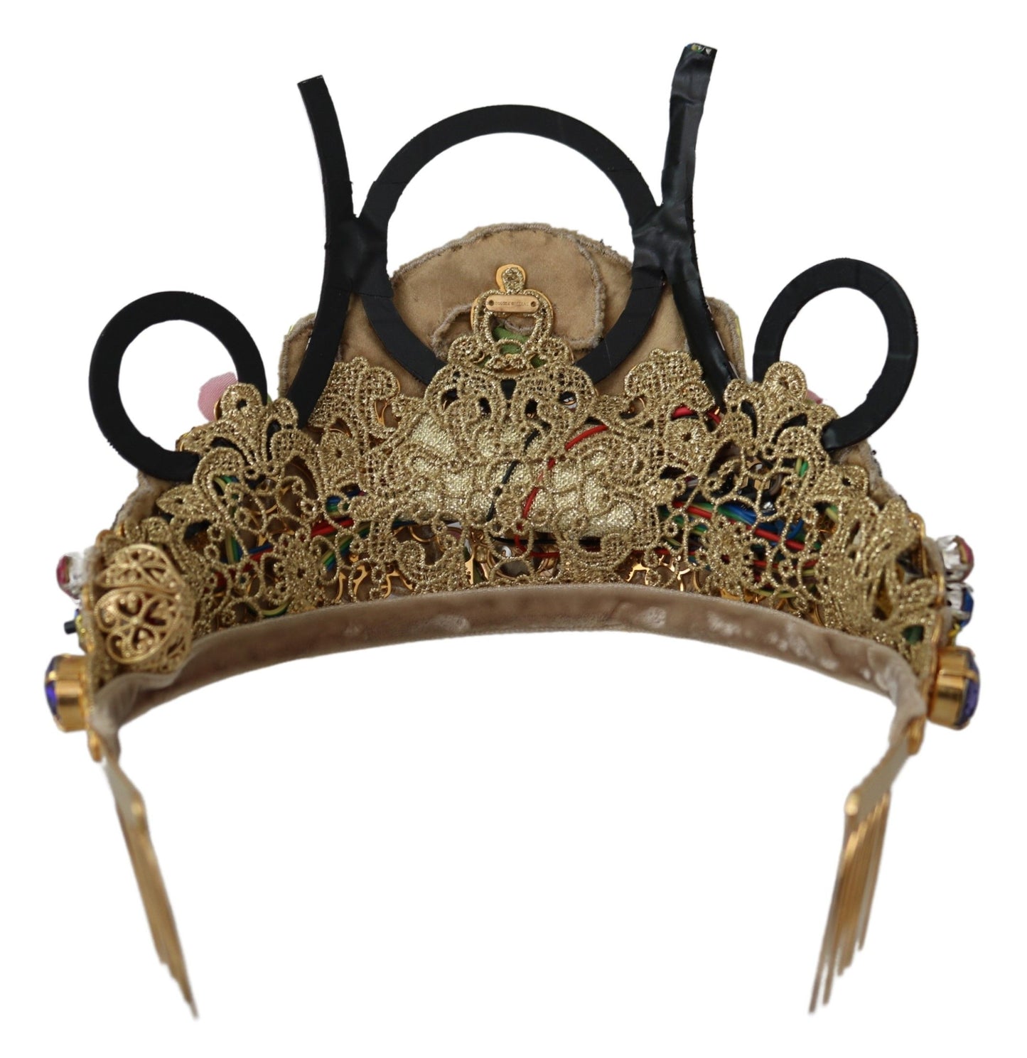 Serre-tête Couronne Diadème Dolce & Gabbana en Laiton Doré avec Cristaux Floraux et Lumières LED