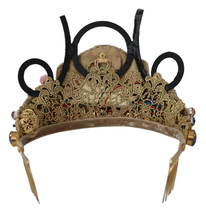 Serre-tête Couronne Diadème Dolce & Gabbana en Laiton Doré avec Cristaux Floraux et Lumières LED
