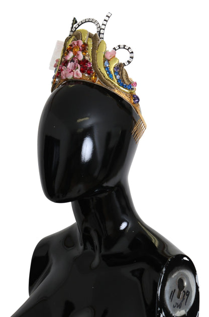 Serre-tête Couronne Diadème Dolce & Gabbana en Laiton Doré avec Cristaux Floraux et Lumières LED