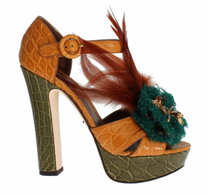 Chaussures Sandales à Plateforme en Cuir Orange et Cristal Dolce & Gabbana