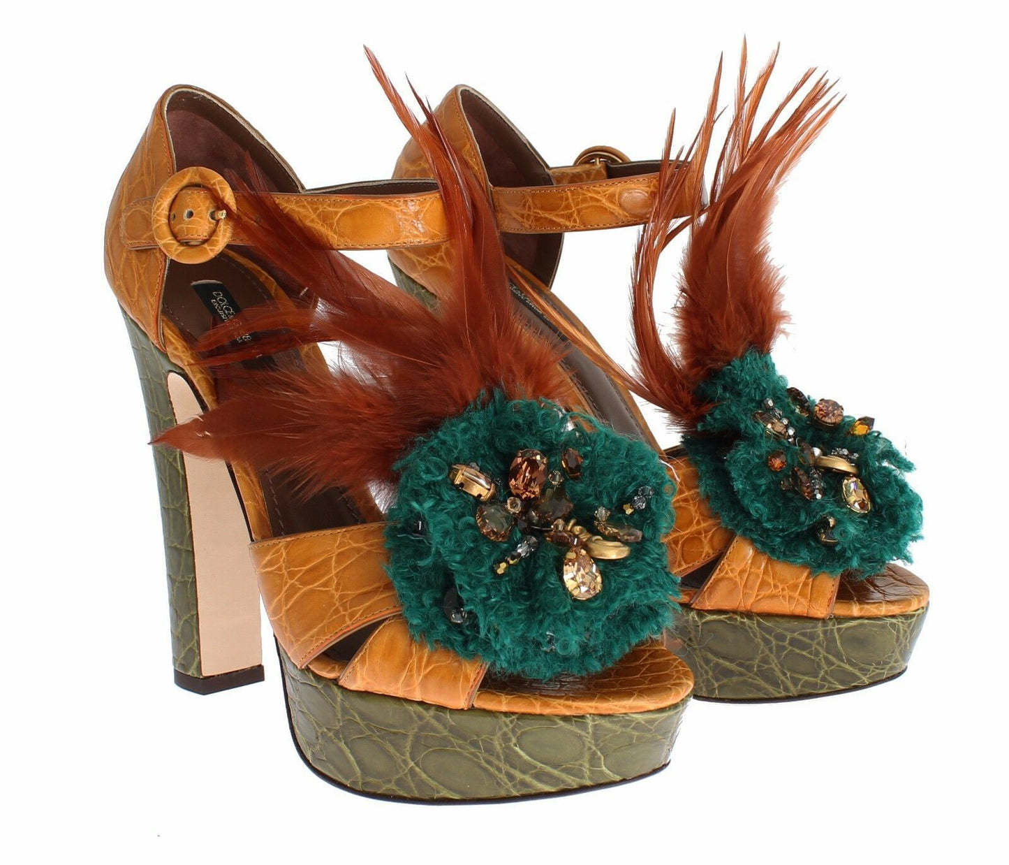 Chaussures Sandales à Plateforme en Cuir Orange et Cristal Dolce & Gabbana