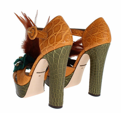 Chaussures Sandales à Plateforme en Cuir Orange et Cristal Dolce & Gabbana
