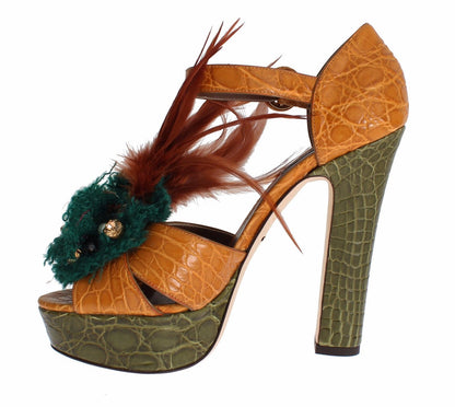 Chaussures Sandales à Plateforme en Cuir Orange et Cristal Dolce & Gabbana