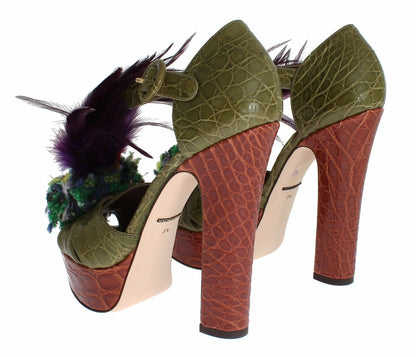 Chaussures sandales à plateforme en cuir vert et cristaux Dolce & Gabbana