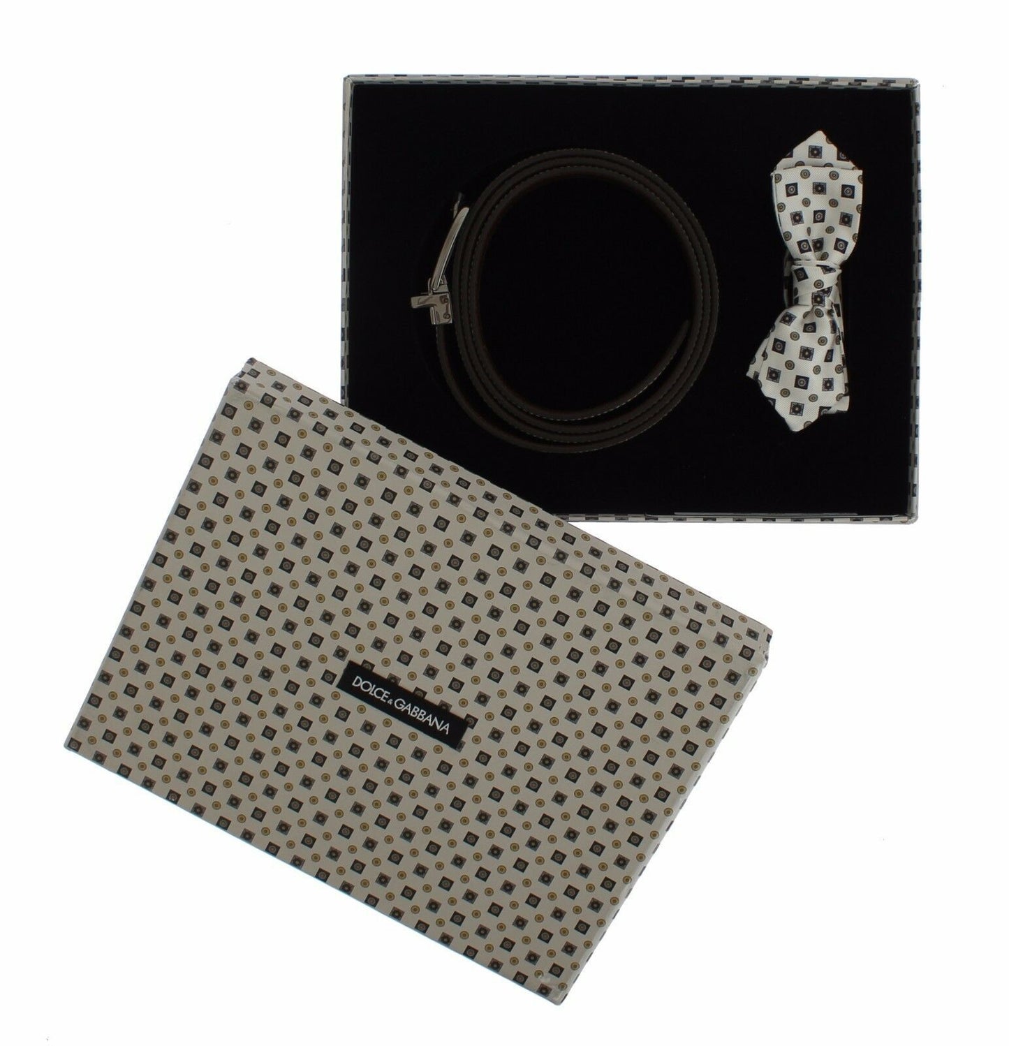 Coffret Cadeau Ceinture en Cuir pour Homme Dolce & Gabbana avec Nœud Papillon en Soie Blanche