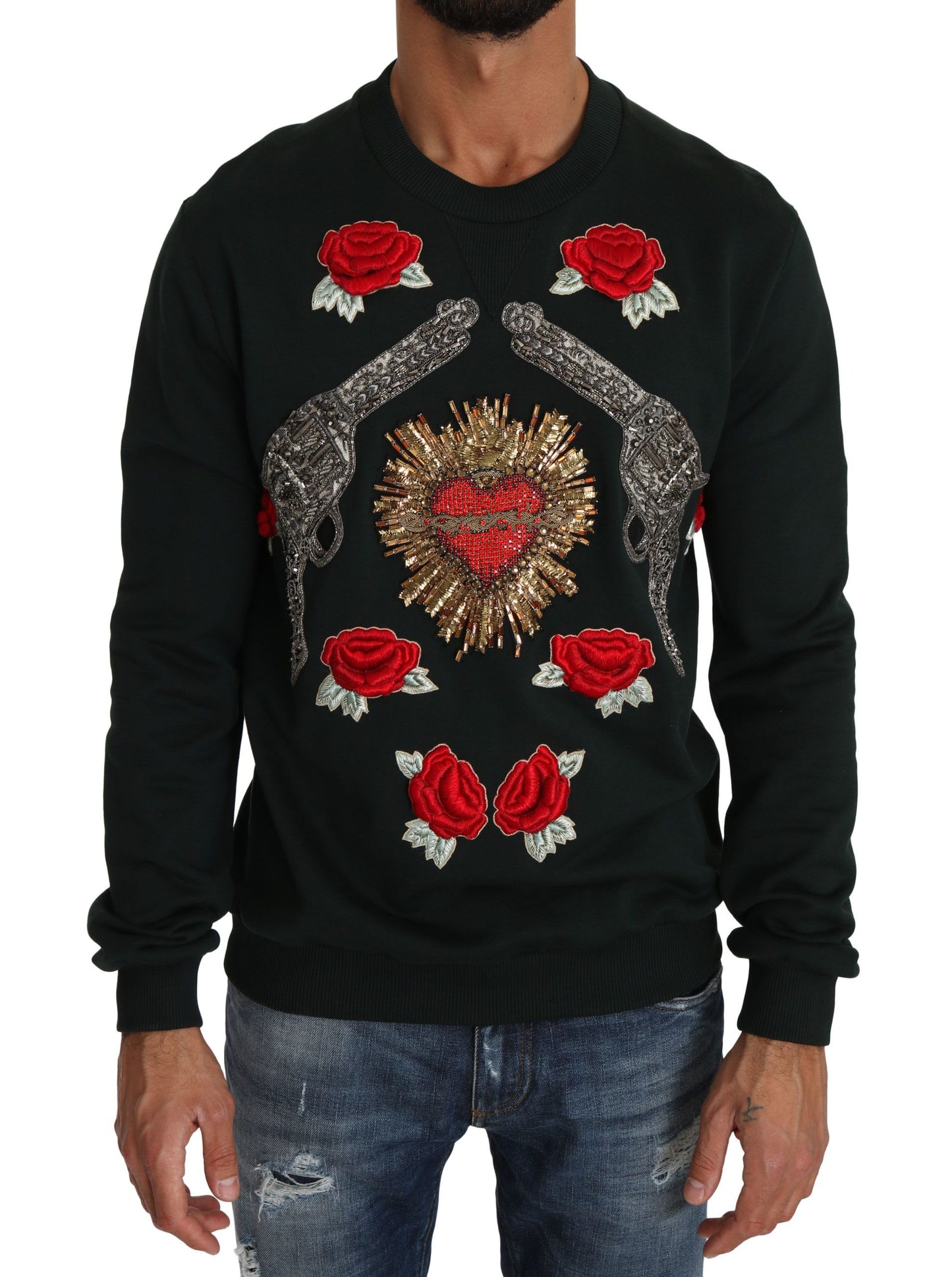 Pull Dolce & Gabbana vert Cœur en cristal Roses Pistolet