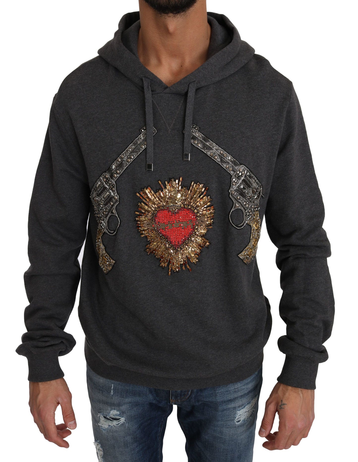 Pull à capuche gris Dolce & Gabbana avec cœur rouge en cristal