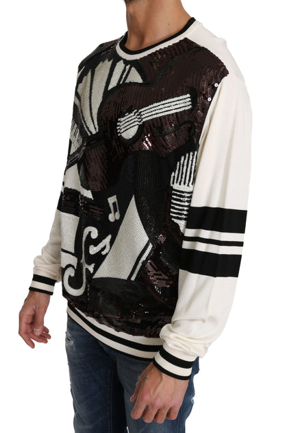 Pull Dolce & Gabbana en tricot de coton jazz blanc à sequins et motif guitare