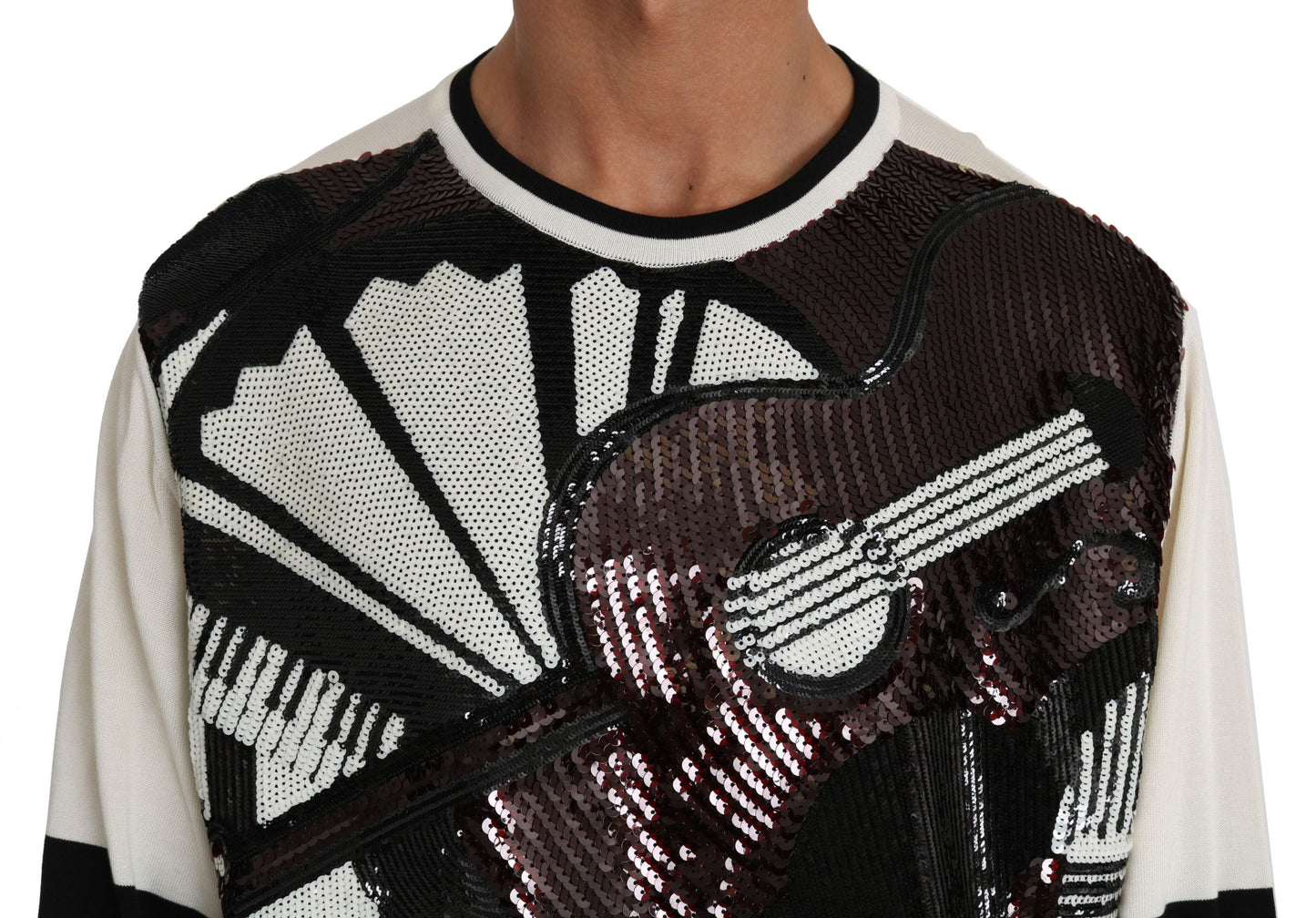 Pull Dolce & Gabbana en tricot de coton jazz blanc à sequins et motif guitare
