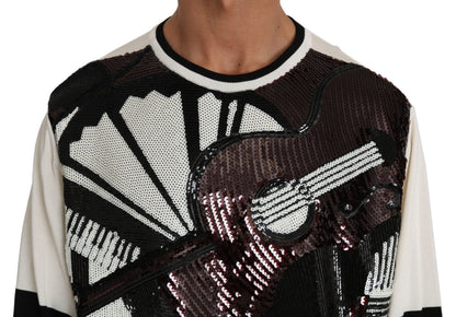 Pull Dolce & Gabbana en tricot de coton jazz blanc à sequins et motif guitare