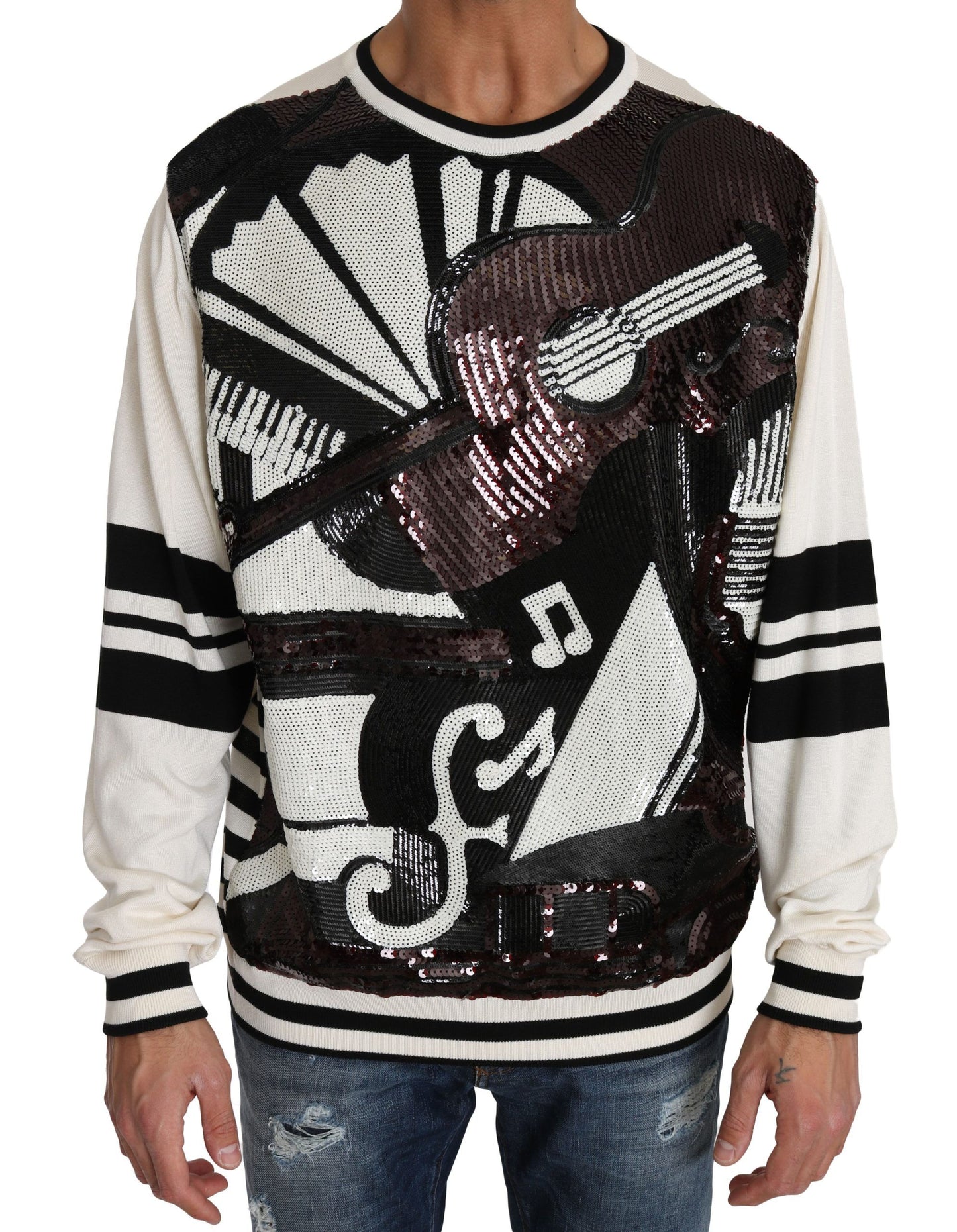 Pull Dolce & Gabbana en tricot de coton jazz blanc à sequins et motif guitare