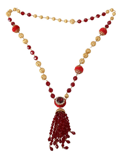Collier pendentif Dolce & Gabbana en laiton doré et cristaux rouges, chaîne Opéra