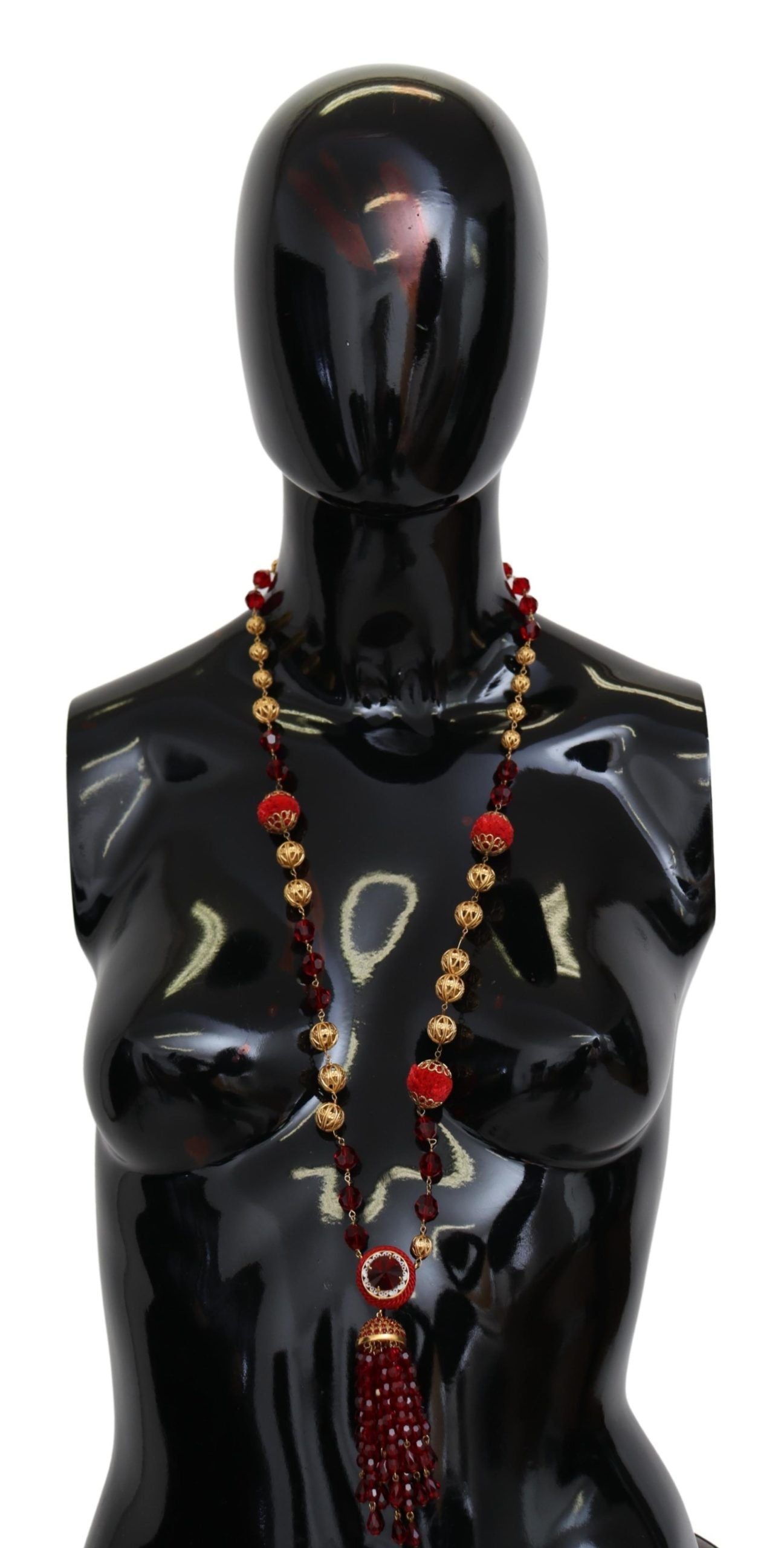 Collier pendentif Dolce & Gabbana en laiton doré et cristaux rouges, chaîne Opéra