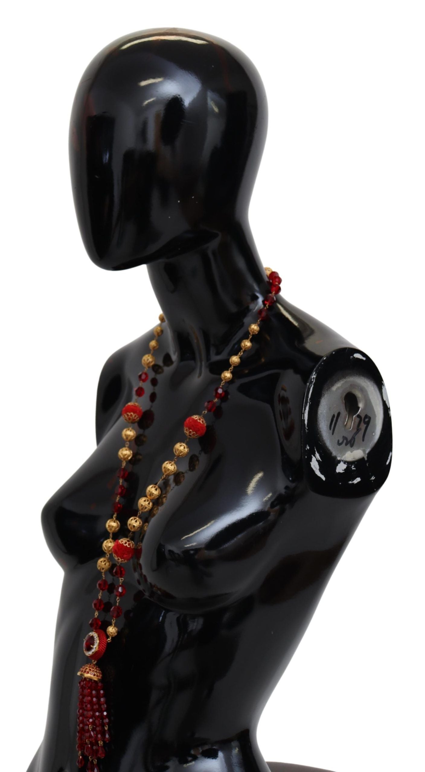 Collier pendentif Dolce & Gabbana en laiton doré et cristaux rouges, chaîne Opéra