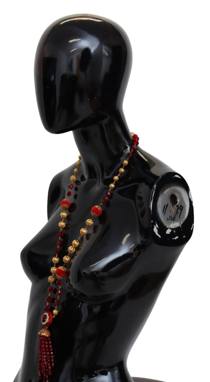 Collier pendentif Dolce & Gabbana en laiton doré et cristaux rouges, chaîne Opéra