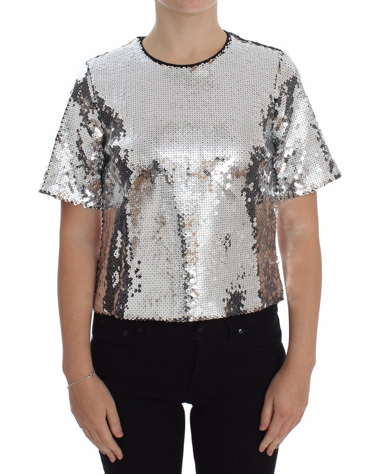 Haut T-shirt Blouse Dolce & Gabbana Paillettes Argentées Ras-du-cou