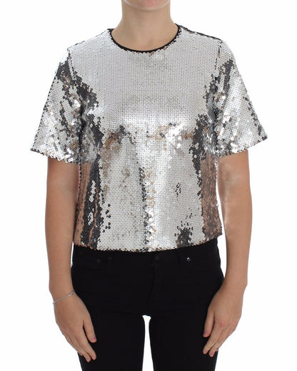 Haut T-shirt Blouse Dolce & Gabbana Paillettes Argentées Ras-du-cou